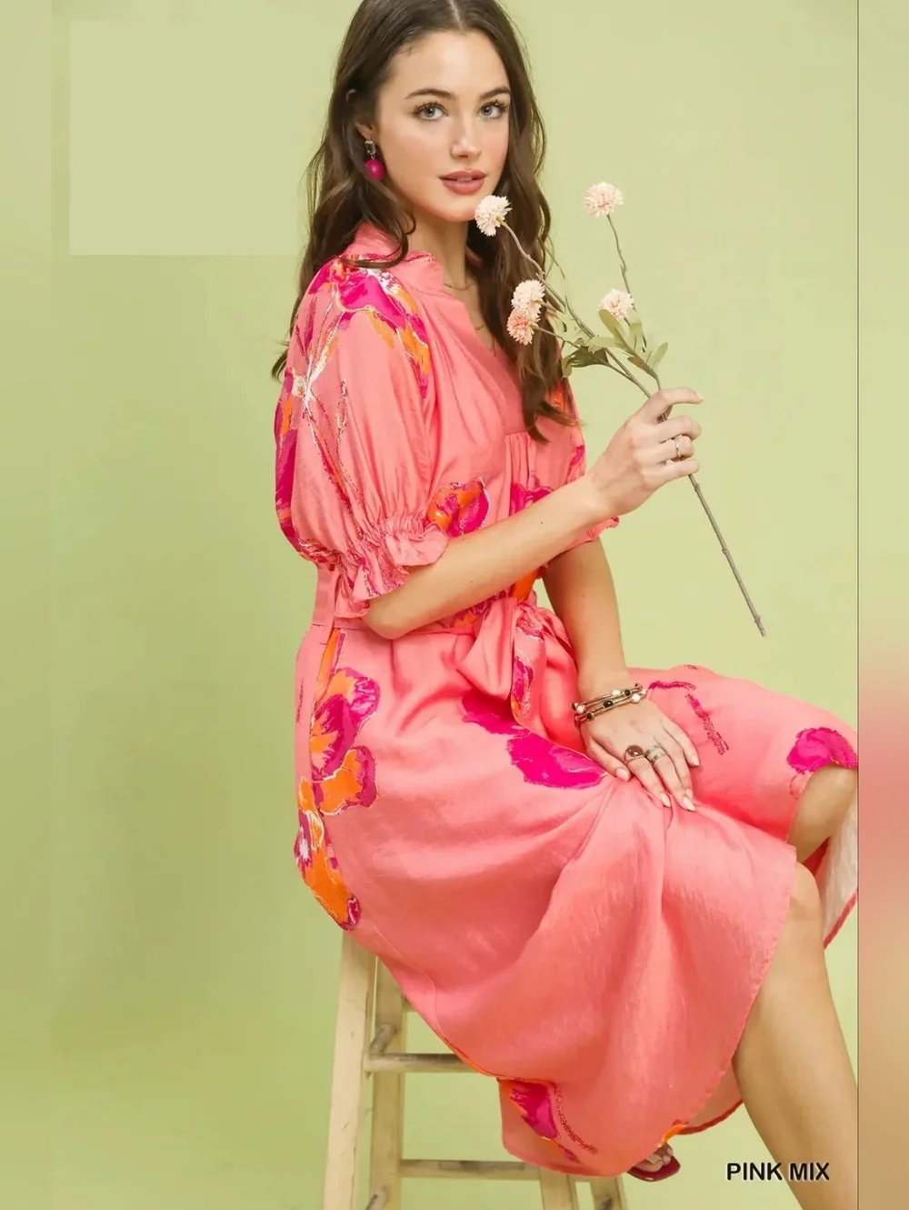 New Arrival!! Umgee Floral Flounce Sleeve Midi Dress with Belted - Picture 6 of 9